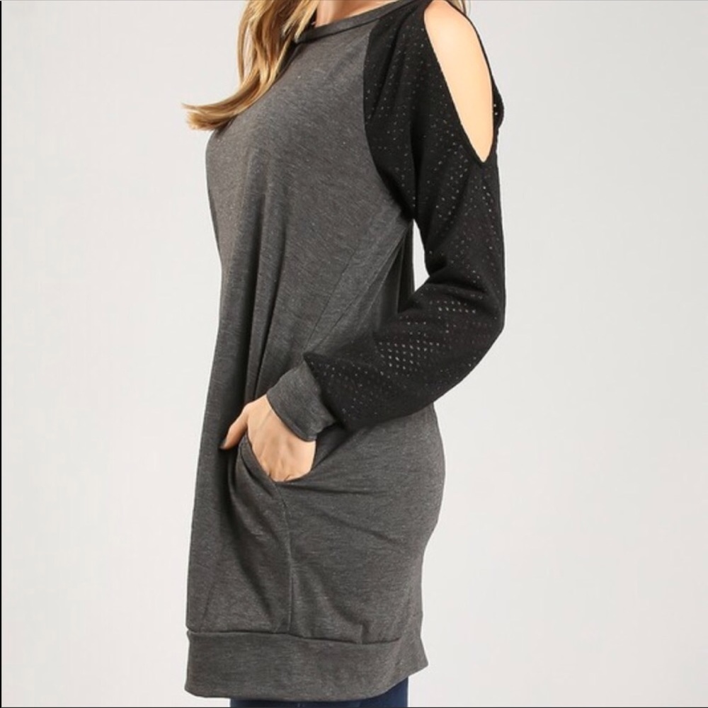 Black Gray Tunic Cold Shoulder Top